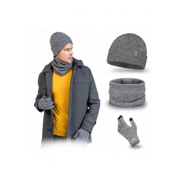 Set de iarna barbati -  caciula - incalzitor de gat - manusi - gri deschis - marime universala