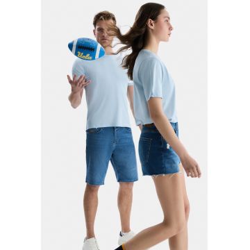 Tricou de bumbac cu decolteu la baza gatului - Albastru glaciar