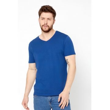 Tricou din bumbac cu decolteu in V - Albastru petrol
