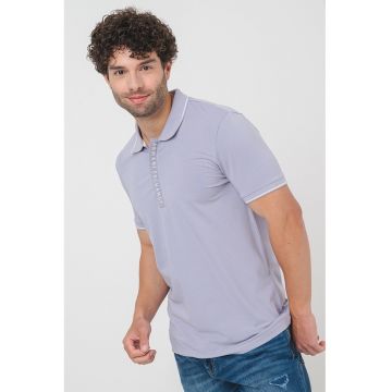 Tricou polo cu fenta cu fermoar - Alb/Lila pal