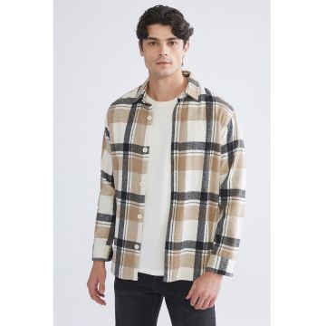 Camasa de flanel in carouri cu nasturi - Maro nisip/Alb murdar/Gri antracit