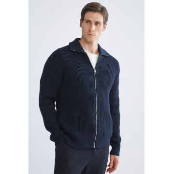 Cardigan cu fermoar si aspect striat - Albastru ultramarin