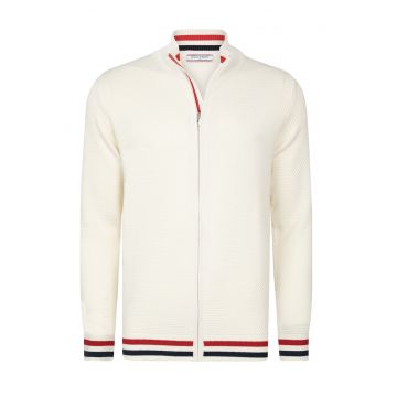 Cardigan tricotat cu terminatii cu dungi - Rosu/Negru stins/Alb murdar