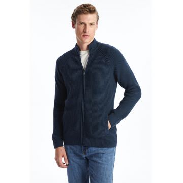 Pulover cu fermoar si model uni - Albastru inchis