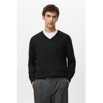 Pulover de lana cu decolteu in V - Negru