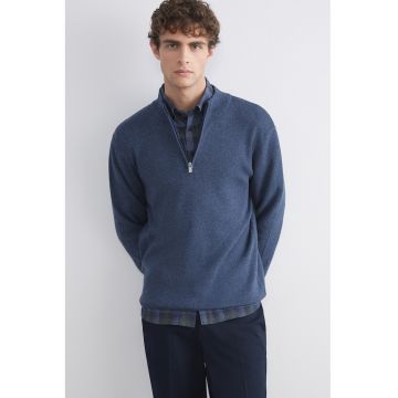 Pulover din bumbac cu fermoar scurt - Albastru prafuit