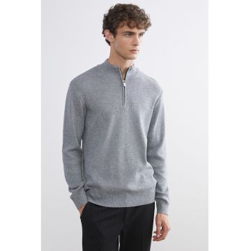 Pulover din bumbac cu fermoar scurt - Gri melange