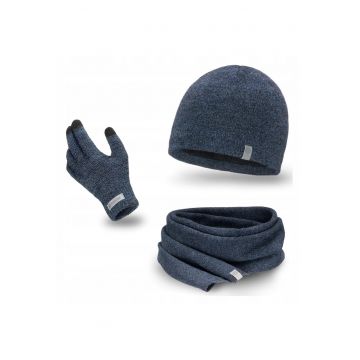 Set de iarna barbati -  caciula cu fleece - esarfa - manusi - bleumarin - 56-60 cm - 3 piese