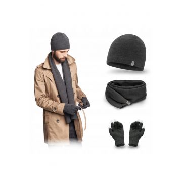 Set de iarna barbati -  caciula - esarfa - manusi - gri inchis - 100% acrilic - dimensiuni caciula 24x23cm - dimensiuni esarfa 160x23cm