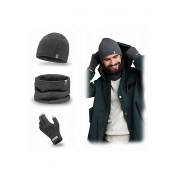 Set de iarna  caciula - esarfa si manusi cu ecran tactil - gri inchis - dimensiuni caciula 22 - 5x24cm - circumferinta 56-60cm