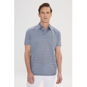 Tricou polo din bumbac cu model in dungi - Alb/Albastru inchis