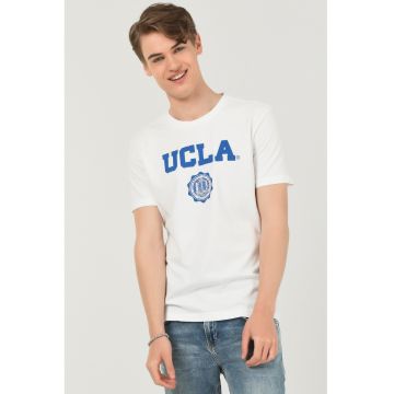 Tricou regular fit - decolteu la baza gatului - imprimeu cu logo - Alb - GAYLEY