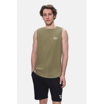 Maiou regular fit - decolteu la baza gatului - imprimeu cu logo - Verde