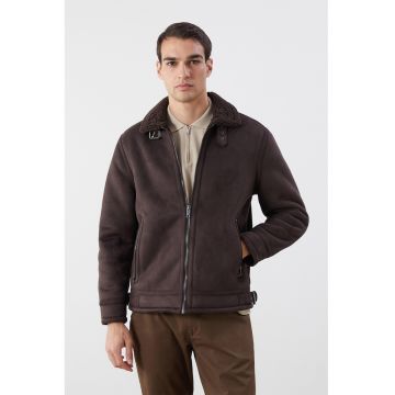 Palton de piele intoarsa ecologica cu buzunare cu fermoar - Maro inchis