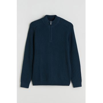 Pulover de amestec de bumbac cu fenta cu fermoar scurt - Albastru petrol