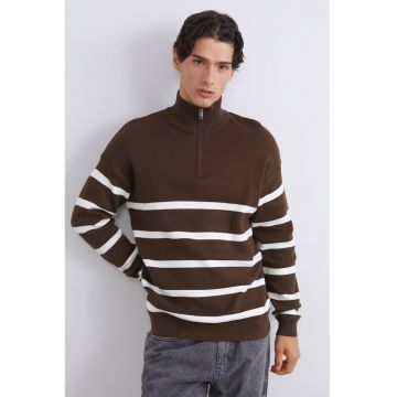 Pulover de bumbac cu fermoar scurt - Alb/Maro inchis