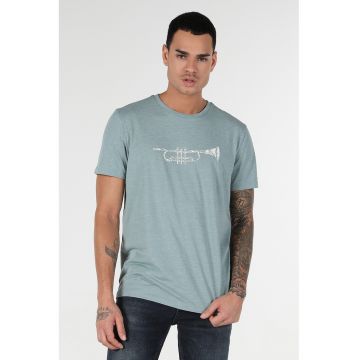 Tricou cu decolteu la baza gatului si imprimeu grafic - Alb/Verde deschis