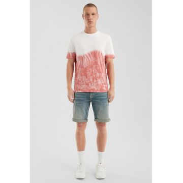 Tricou cu model tie-dye si decolteu la baza gatului - Rosu/Alb
