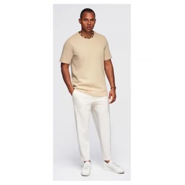 Tricou cu textura tip waffle si decolteu rotund  OM-TSCT-0197 - Maro camel