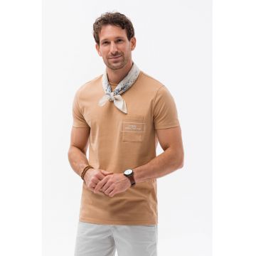 Tricou de bumbac cu buzunar pe piept - Maro camel