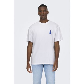 Tricou de bumbac organic cu imprimeu grafic si text - Alb/Albastru