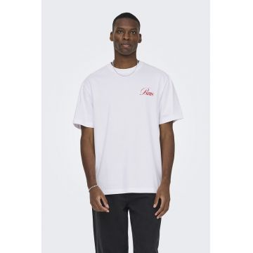 Tricou de bumbac organic cu imprimeu grafic si text - Rosu/Alb