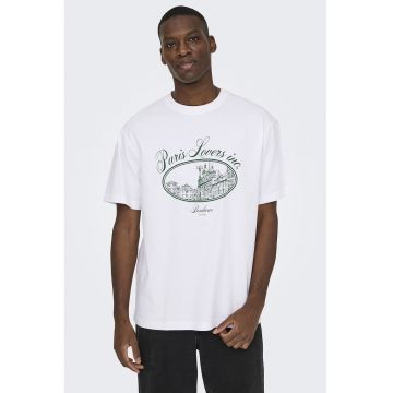 Tricou de bumbac organic cu imprimeu grafic si text - Verde/Alb optic