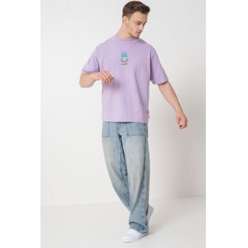 Tricou din bumbac cu imprimeu - Albastru pastel/Maro inchis/Lila