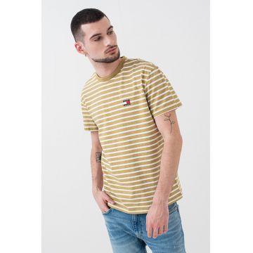 Tricou din bumbac cu model in dungi - Verde masliniu/Alb murdar