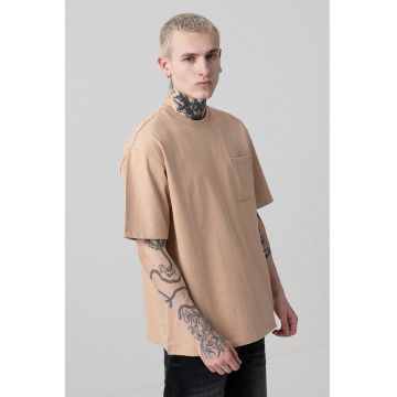 Tricou din bumbac organic si buzunar pe piept - Maro camel