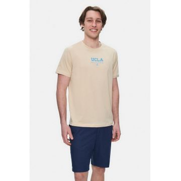 Tricou regular fit - decolteu la baza gatului - imprimeu cu logo - Bej - SHERMAN - Bej