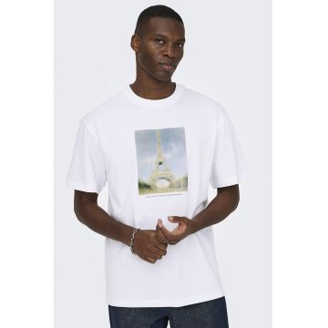 Tricou relaxed fit de bumbac organic cu imprimeu - Albastru prafuit/Alb optic