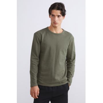 Bluza de bumbac cu decolteu la baza gatului - Kaki inchis