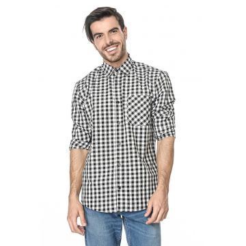 Camasa cu model in carouri si buzunar pe piept - Alb/Negru