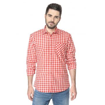 Camasa din amestec de bumbac cu model in carouri - Alb/Rosu corai