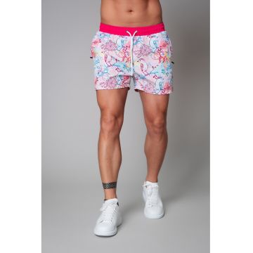 Pantaloni scurti de baie cu imprimeu si snur de ajustare in talie - Coral/Albastru lavanda/Alb optic