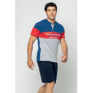 Pijama coloblock scurta - Albastru inchis