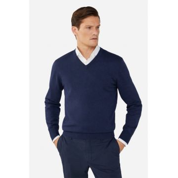 Pulover barbati  din bumbac si matase cu guler in V Bleumarin