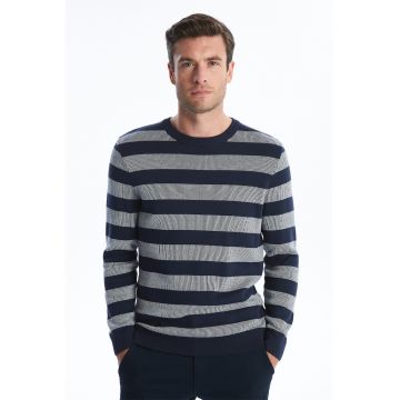 Pulover cu decolteu rotund si model in dungi - Alb/Bleumarin
