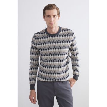 Pulover cu model si decolteu la baza gatului - Gri melange/Alb murdar