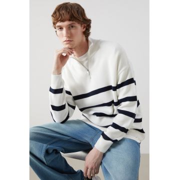 Pulover de bumbac cu fermoar scurt - Alb fildes/Negru