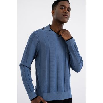 Pulover polo cu decolteu in V - Albastru prafuit