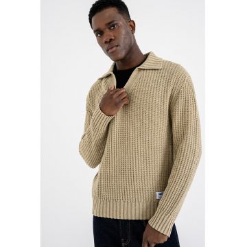Pulover polo texturat - Maro nisip