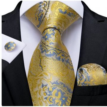 Set cravata aurie cu bleu + batista + butoni - matase -- model 781