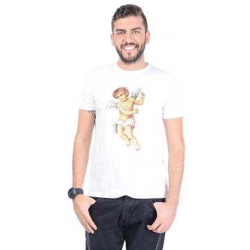 Tricou cu decolteu la baza gatului si imprimeu grafic - Bej inchis/Alb optic