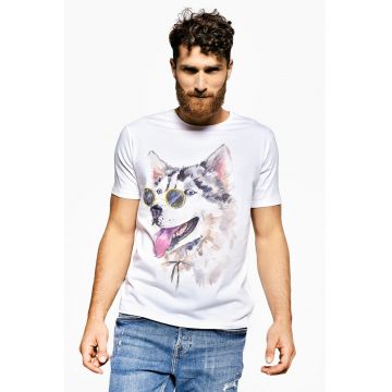 Tricou cu decolteu la baza gatului si imprimeu grafic - Roz/Gri/Alb optic