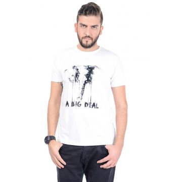 Tricou cu decolteu la baza gatului si model text - Alb optic/Gri antracit