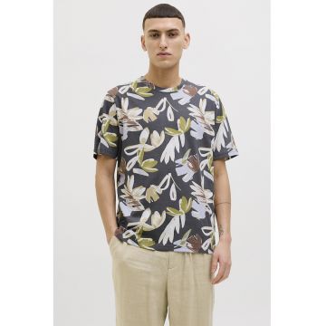 Tricou cu decolteu la baza gatului si model - Verde masliniu/Alb murdar/Gri inchis