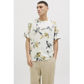 Tricou cu decolteu la baza gatului si model - Verde/Verde masliniu/Alb murdar