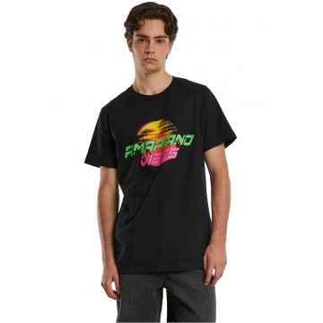 Tricou cu imprimeu grafic si decolteu la baza gatului - Negru/Roz deschis/Verde lime